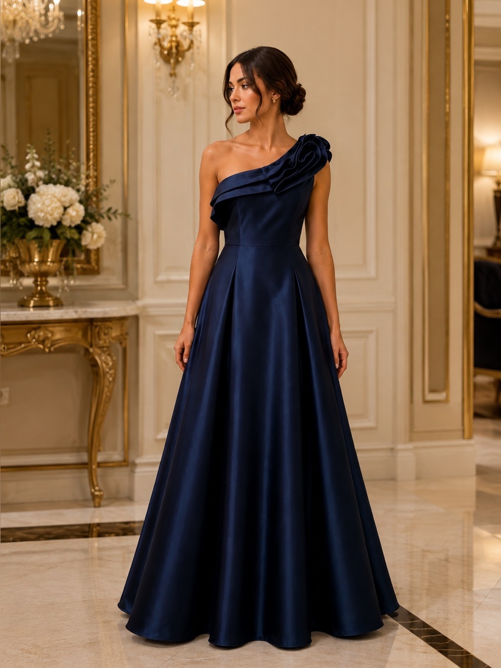 Elegant One-Shoulder Navy Satin Evening Gown